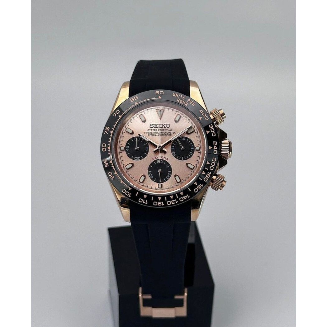 Custom Seiko Mod • Salmon Rose Gold Daytona Quartz Chronograph • 39.5mm